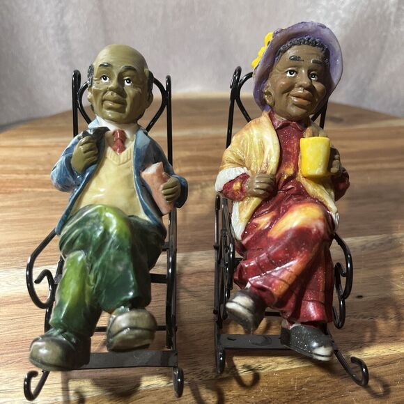 Folk Art Grandpa & Grandma Sitting In Metal Rocking Chair Metal Folk Art - Picture 7 of 10